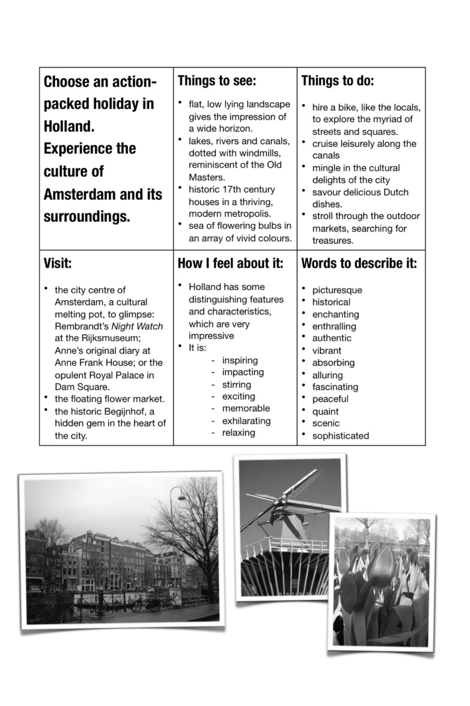 Holland ideas bank: Amsterdam sights, activities, places to visit, feelings and adjectives, with windmill and tulip photos