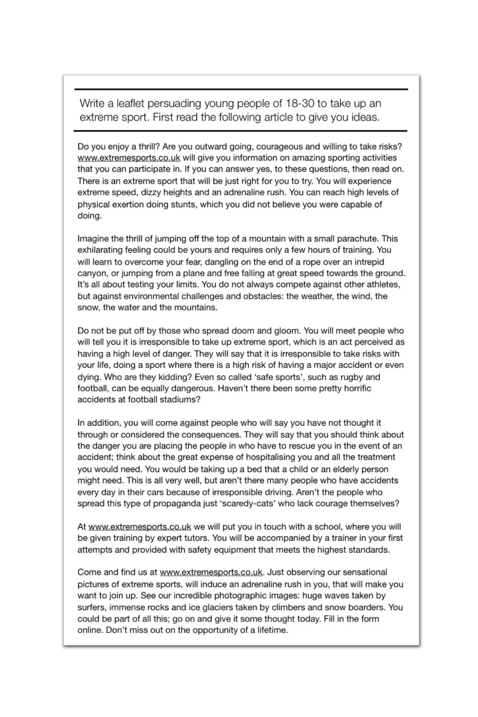 Extreme sports article to read for ideas before students write a leaflet persuading 18-30 year olds to take up a sport