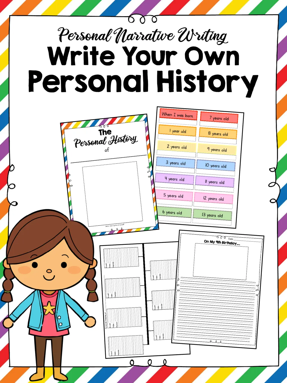 Personal narrative writing cover: Write Your Own Personal History, showing a cover sheet, age tabs, timeline and a prompt
