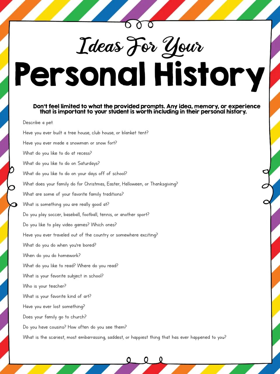 Ideas for your personal history: 22 writing questions about pets, recess, family traditions, sports, school and travel