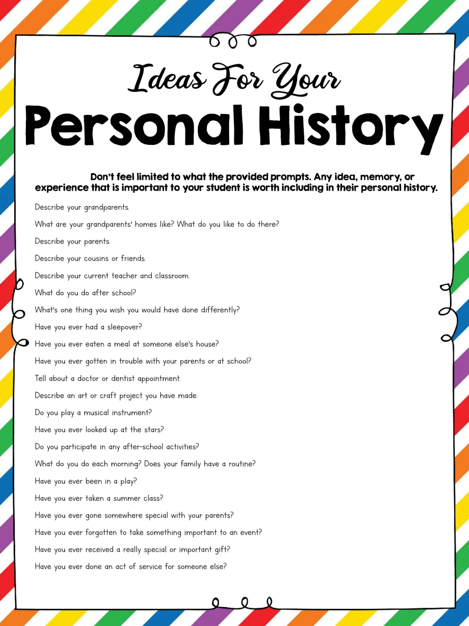 More personal history ideas: 22 prompts on grandparents, parents, sleepovers, getting in trouble, routines, gifts