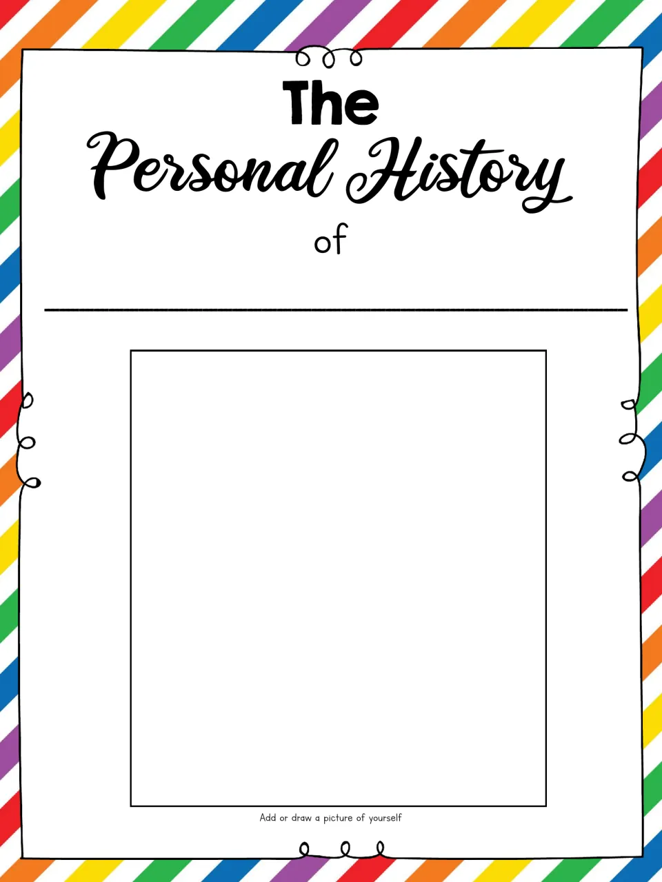 Binder cover sheet titled The Personal History of, with a name line and a space where students add or draw a self-portrait