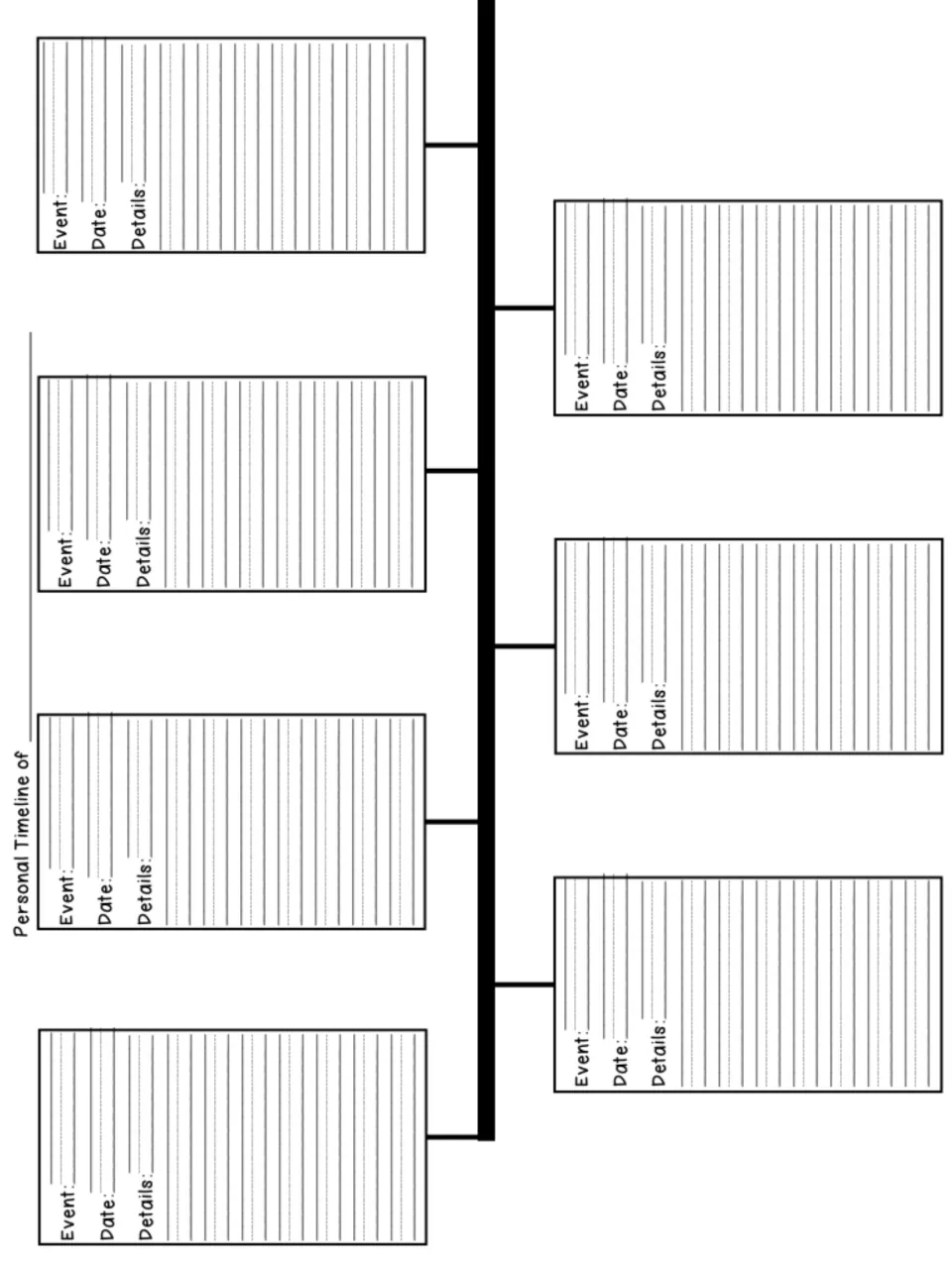 Personal timeline, first page: a name blank and 8 Event, Date and Details entries where students record major life events