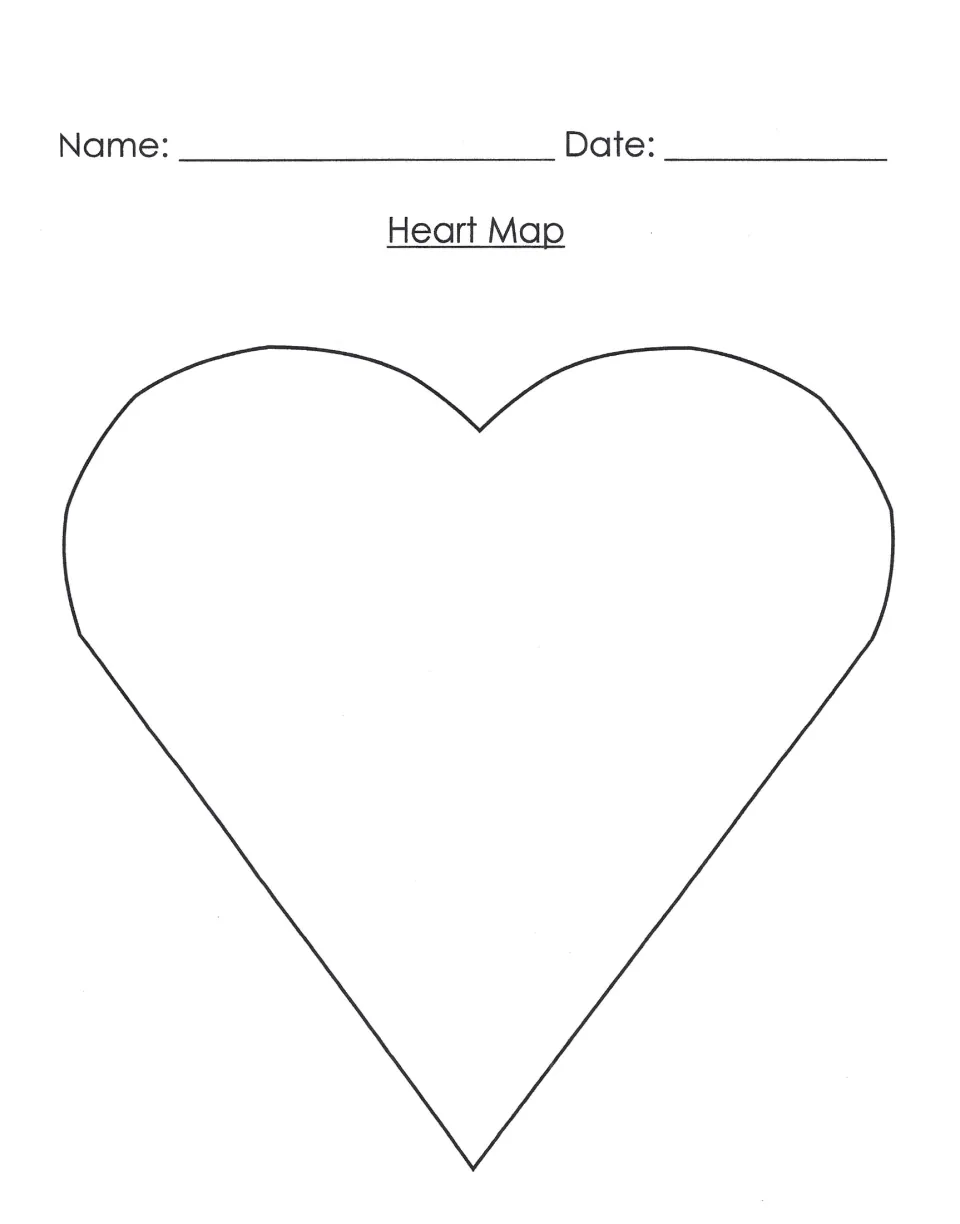 Heart Map brainstorming template featuring an undivided heart for students to record their writing ideas