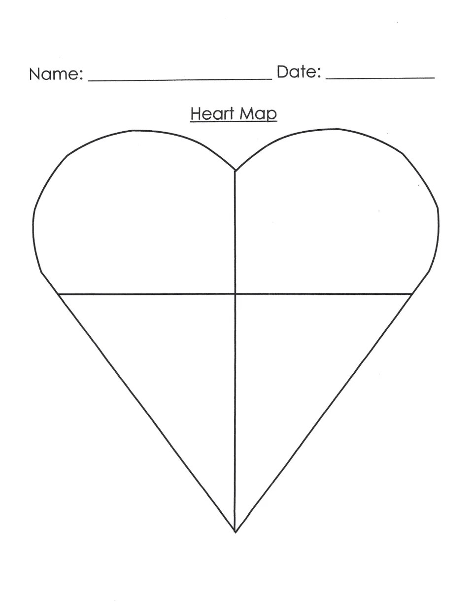 Heart Map brainstorming template featuring a heart divided into four parts for organizing writing ideas