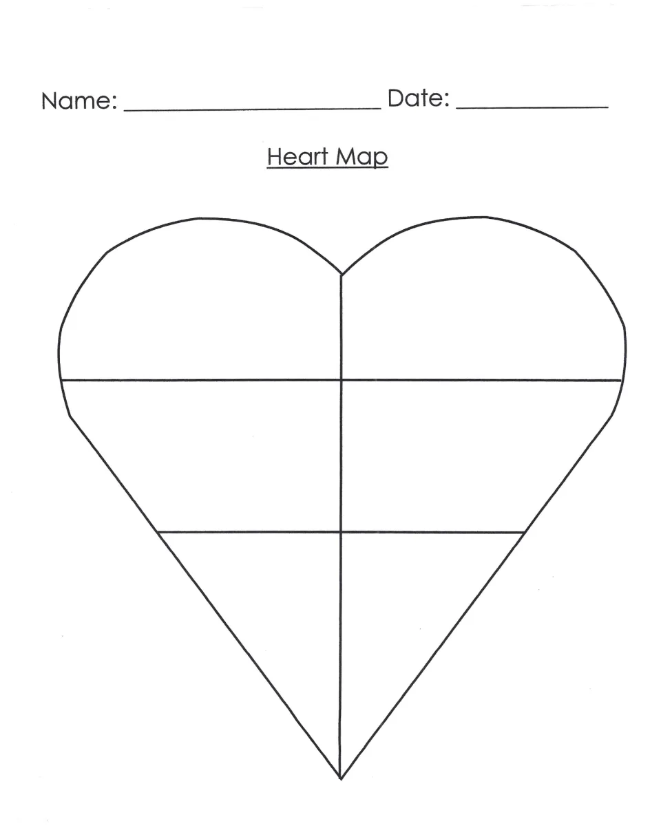 Heart Map brainstorming template featuring a heart divided into six parts for organizing writing ideas