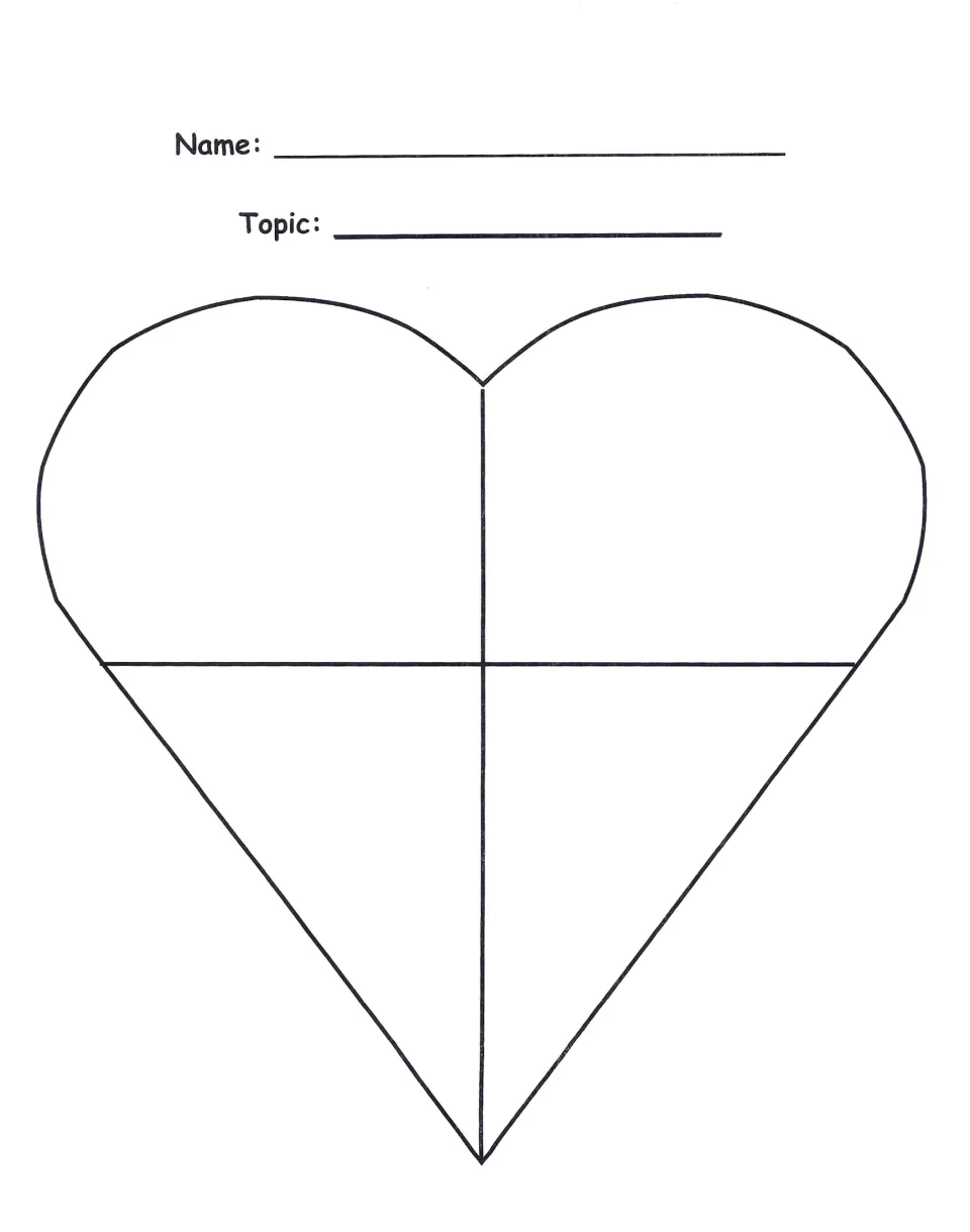 Topic-based heart map planning template featuring a four-part heart and spaces for a student's name and topic