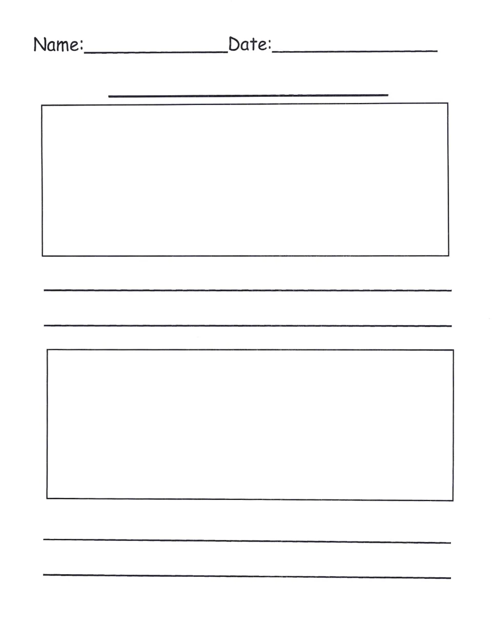 Writing template provides two places to illustrate and write, plus spaces for a title, student name, and date