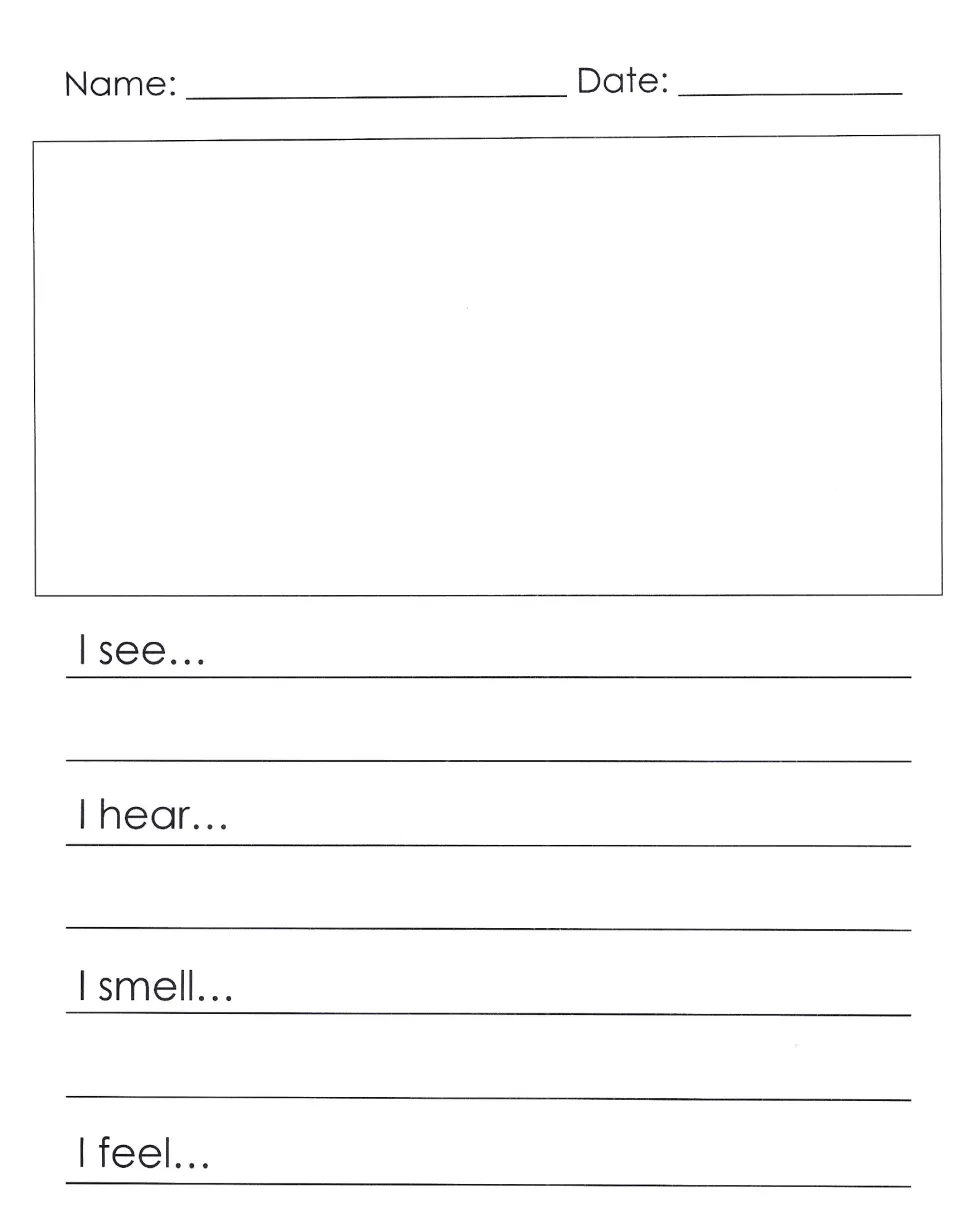 Sensory writing template pairs an illustration space with prompts: I see, I hear, I smell, and I feel