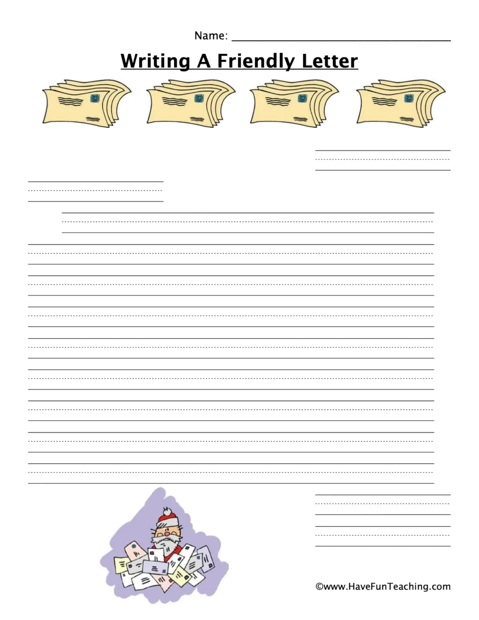 Writing A Friendly Letter: students write a date, greeting, body, closing and signature, with Santa in a pile of mail