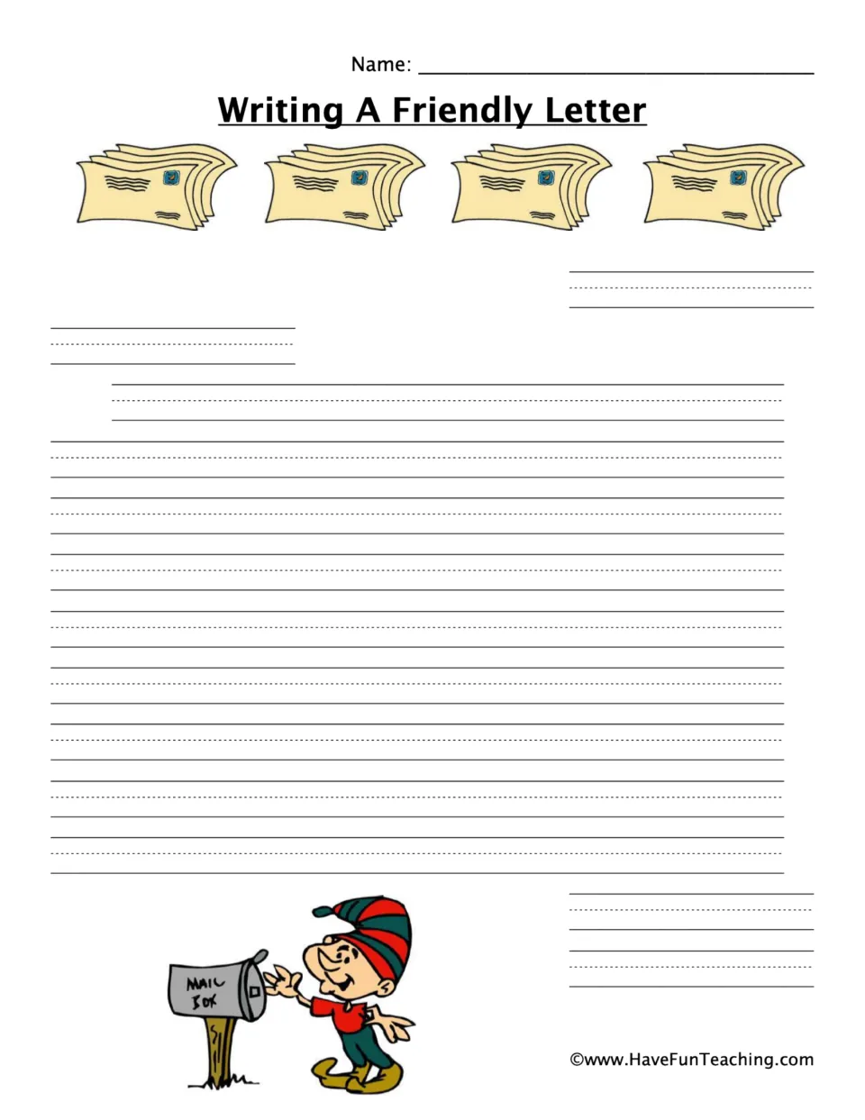 Friendly letter template: students write the date, greeting, body, closing and signature; an elf waves beside a mailbox
