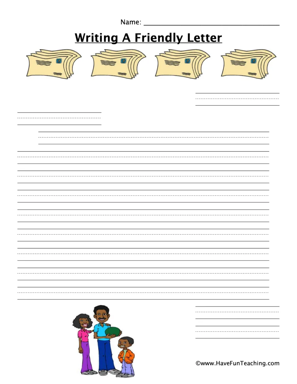 Writing A Friendly Letter: students write a heading, greeting, body, closing and signature; a family of three is pictured