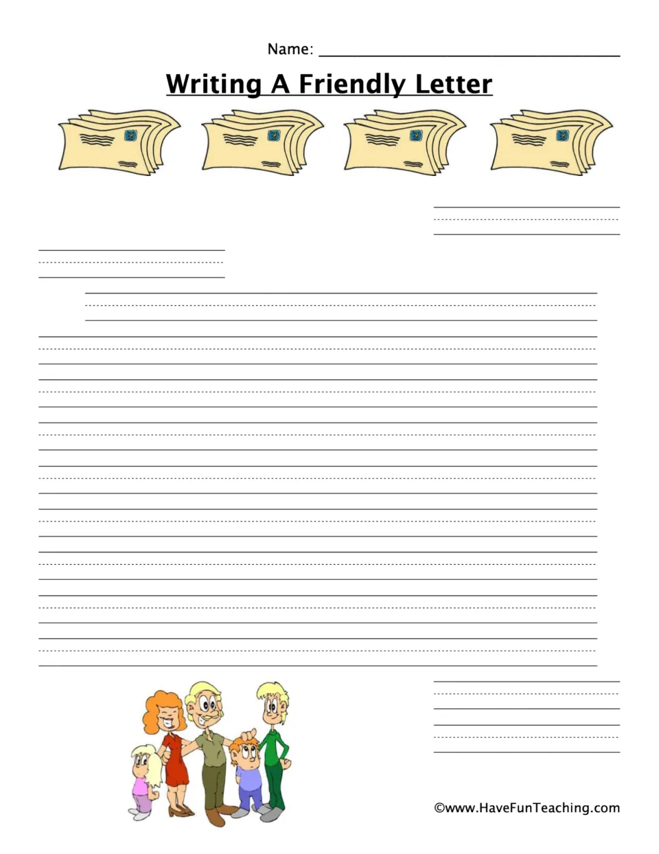 Friendly letter writing page: students fill in each letter part from date to signature, with a cartoon family of five