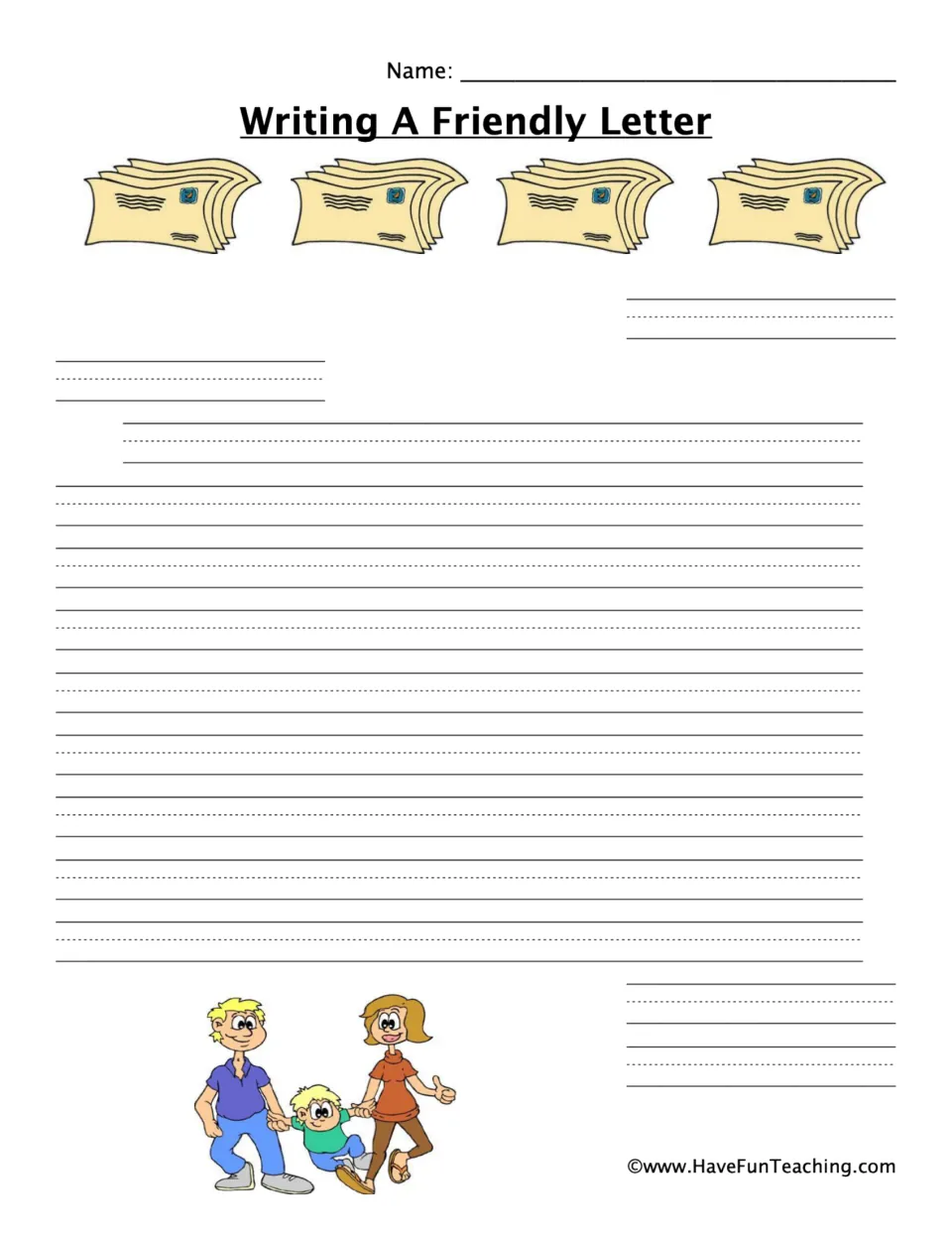 Friendly letter practice: students draft a complete letter in correct letter format; parents swing a toddler