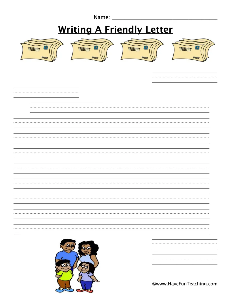 Friendly letter template: students write date, greeting, body paragraph, closing and name; a cartoon family of four