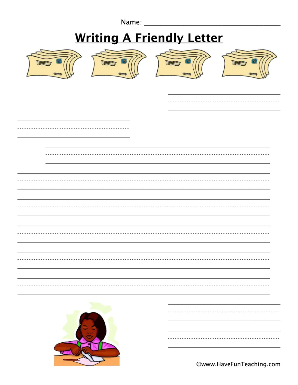 Friendly letter format practice: students compose a letter from heading through signature; a girl writes at a desk