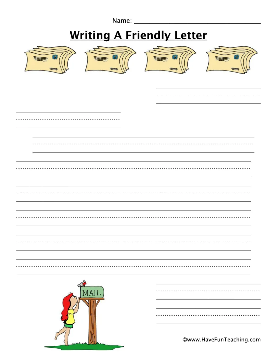 Letter writing page: students write a friendly letter with greeting, body and closing; a girl posts a letter in a MAIL box