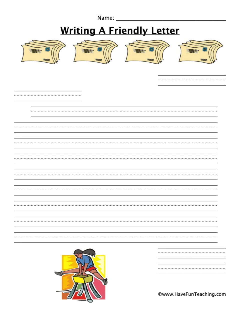 Friendly letter writing: students fill in heading, greeting, body, closing and signature; a gymnast on a vault is pictured