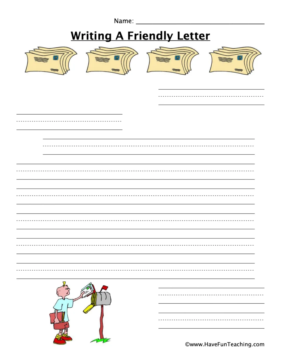 Friendly letter practice page: students write all five parts of a letter; a boy puts envelopes into a mailbox in the art