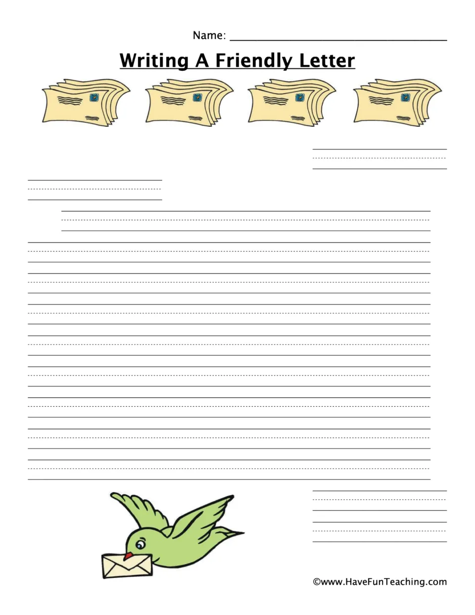 Friendly letter writing template: students write date, greeting, message, closing and name; a bird carries an envelope