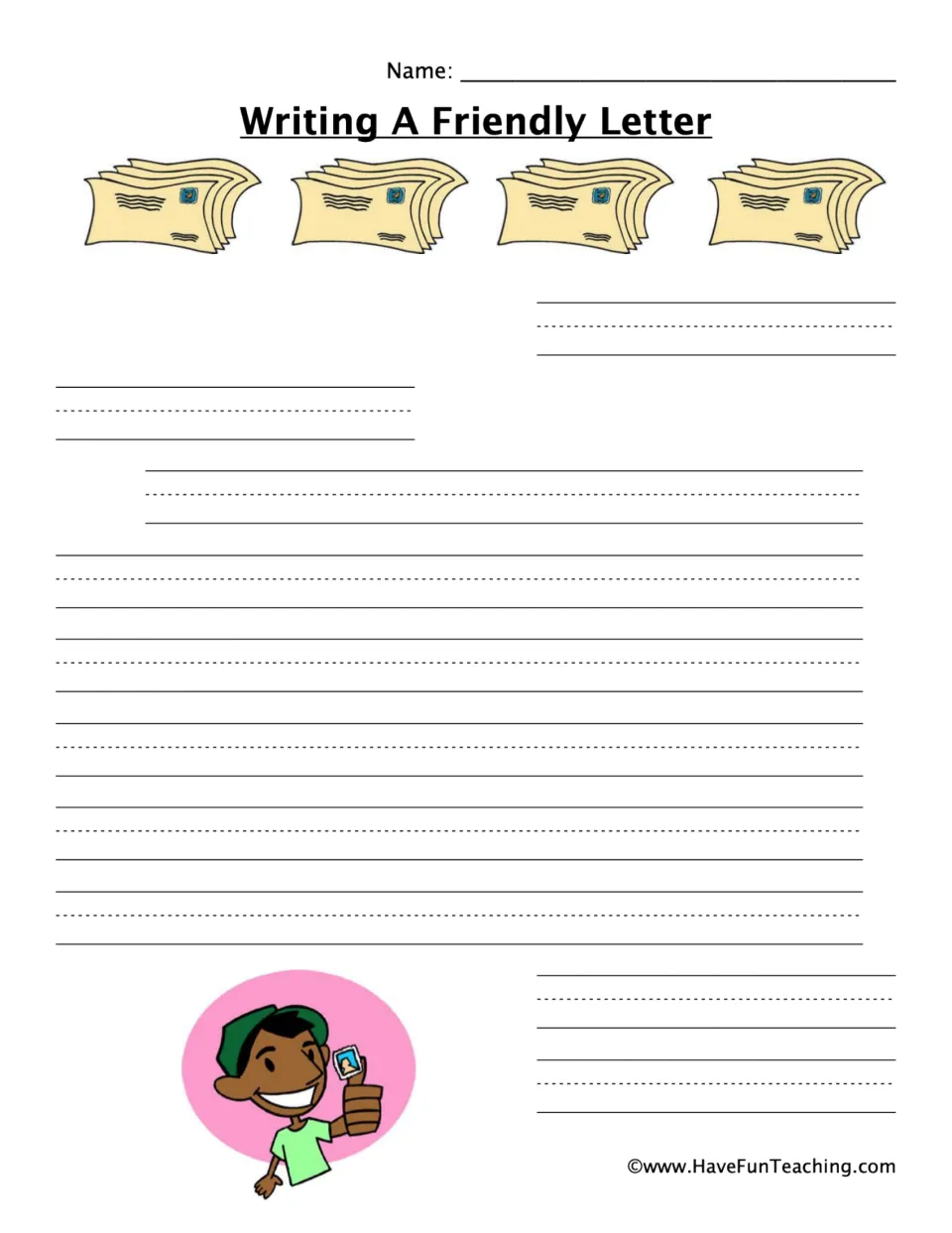 Friendly letter page: students compose a letter in proper format, heading to signature; a boy holds up a postage stamp