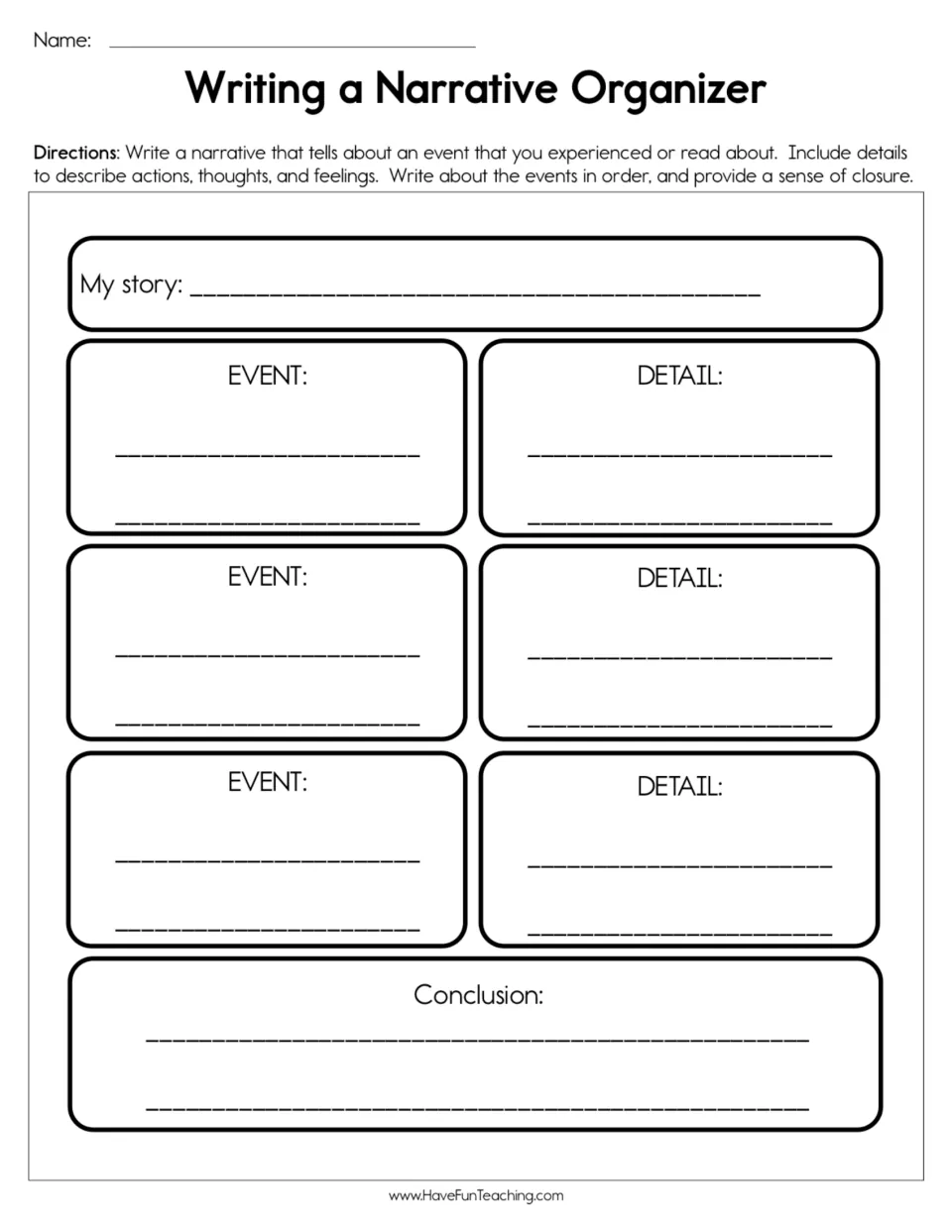Narrative planning organizer: My story, three event-and-detail pairs, and a conclusion for an event narrative.