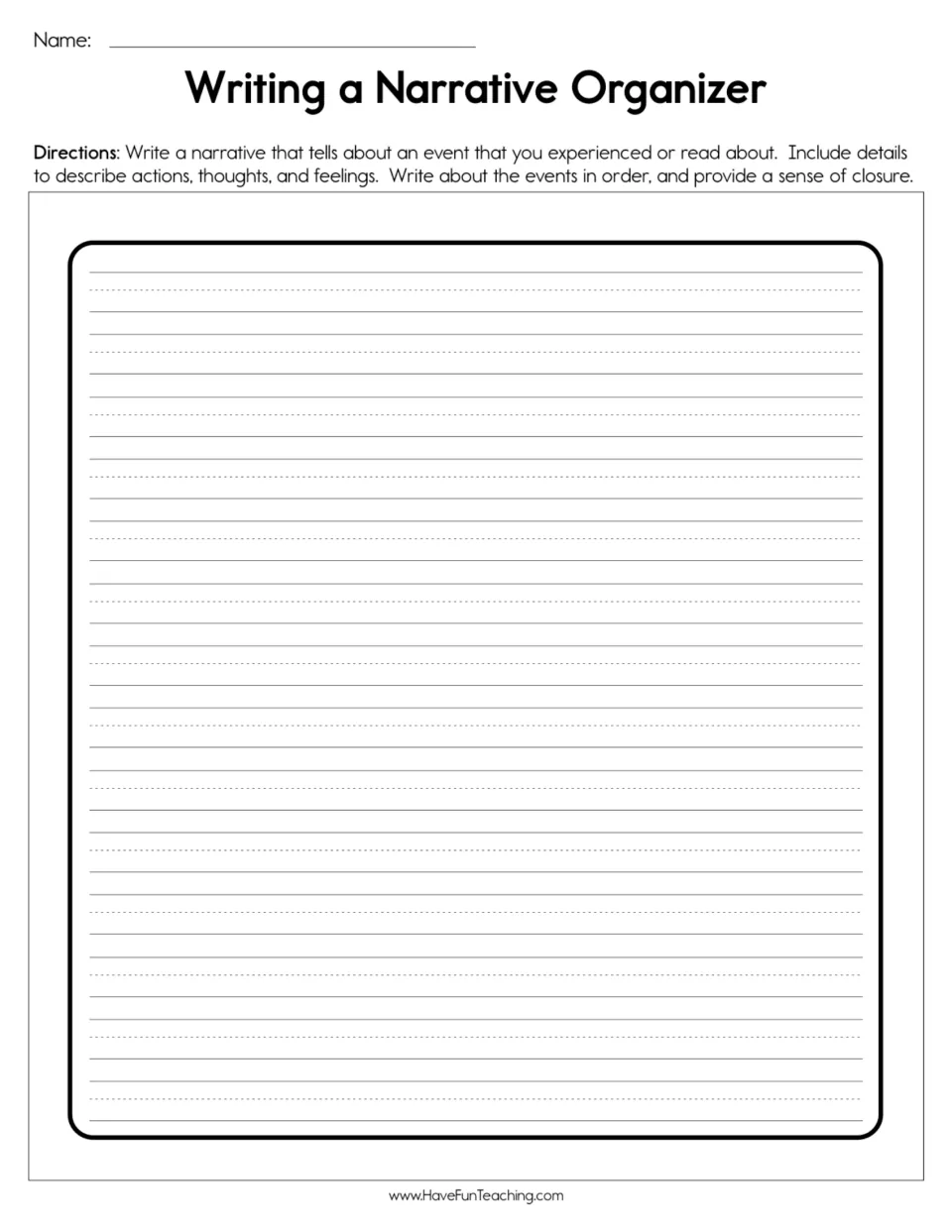 Narrative drafting page for writing about an event in order, including actions, thoughts, feelings, and closure.