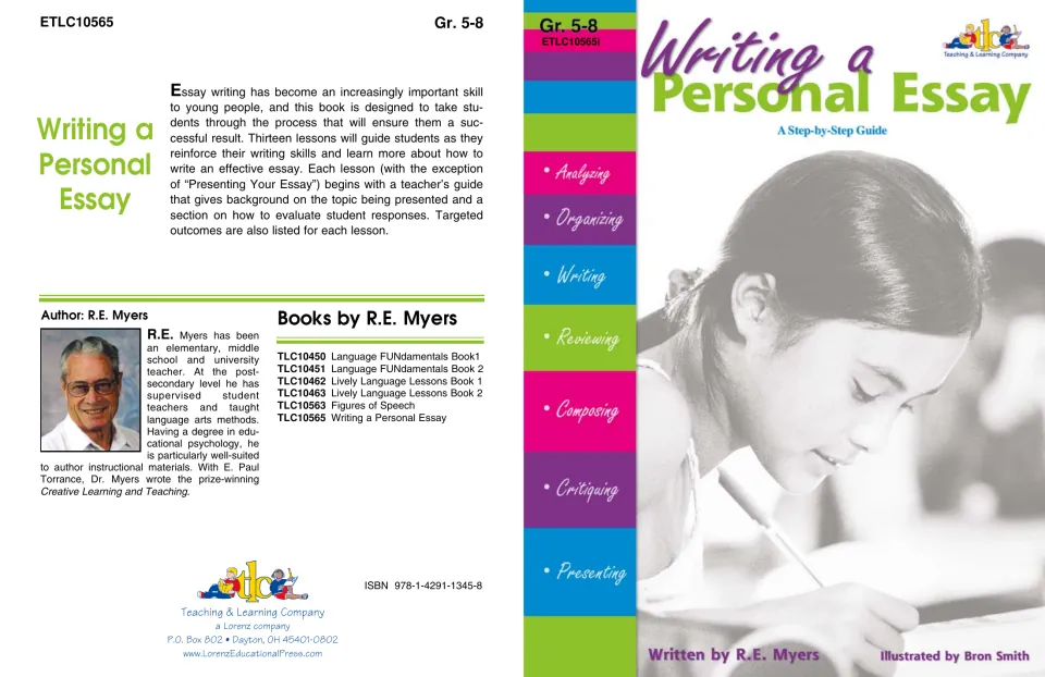 Front and back covers of Writing a Personal Essay, a step-by-step guide featuring 13 writing lessons