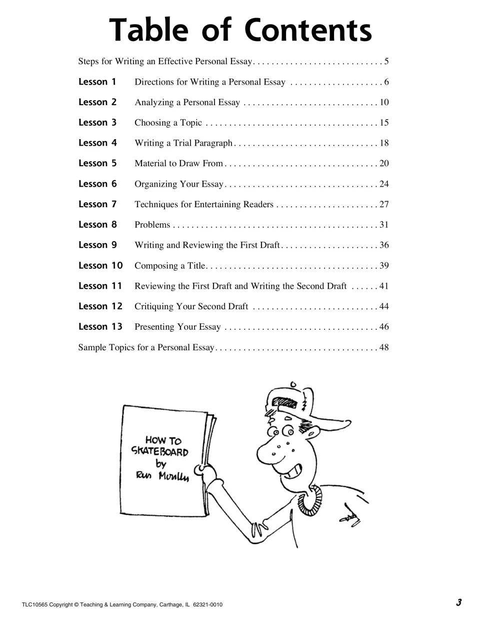 Table of contents lists 13 essay lessons, from writing directions to presenting, plus sample topics