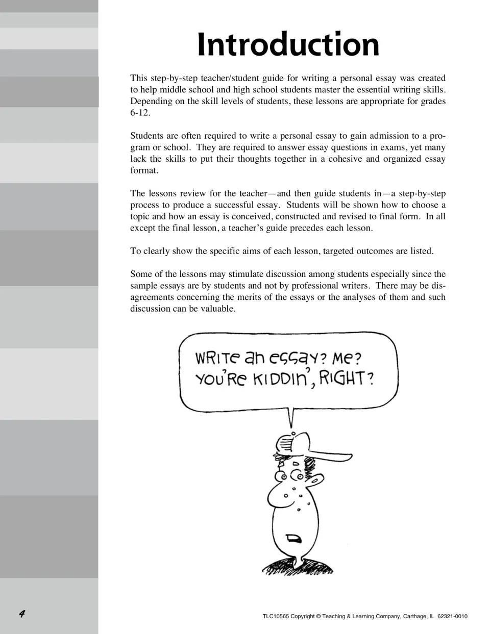 Introduction explains the essay guide's lesson sequence, teacher guidance, and use of student sample essays