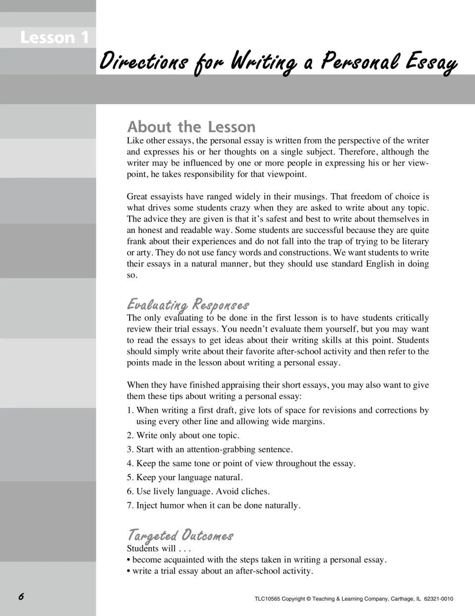 Lesson 1 teacher guide explains personal essays, offers seven writing tips, and lists targeted outcomes
