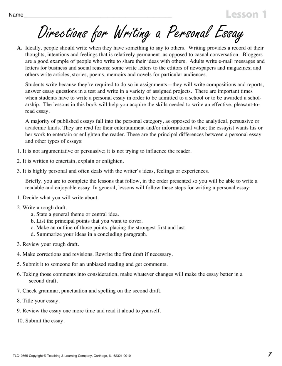 Lesson 1 student reading explains personal essays, gives three defining features, and outlines ten writing steps