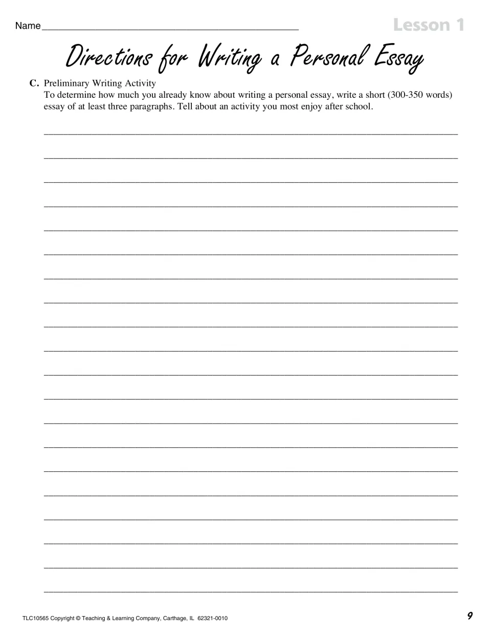 Lesson 1 preliminary task asks for a 300–350-word essay of at least three paragraphs about an after-school activity