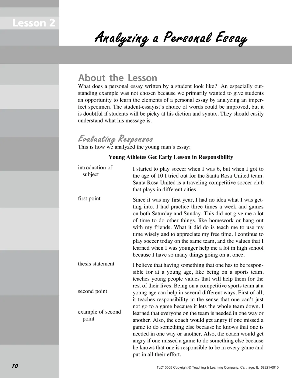 Lesson 2 teacher analysis labels the introduction, thesis, and supporting points in a student's soccer essay