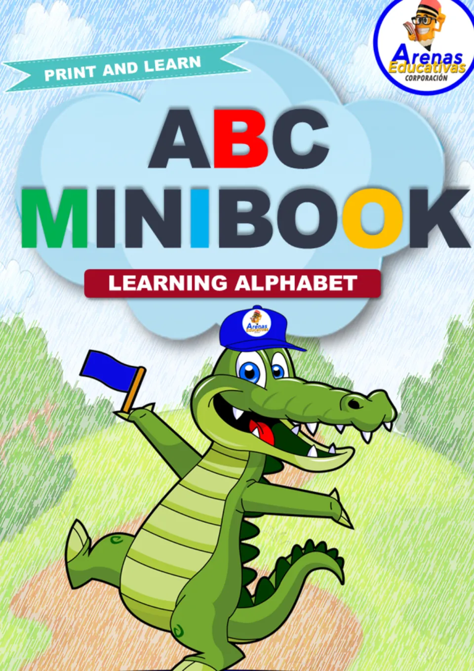 ABC Minibook cover, Print and Learn: Learning Alphabet, with a smiling cartoon crocodile in a cap waving a blue flag