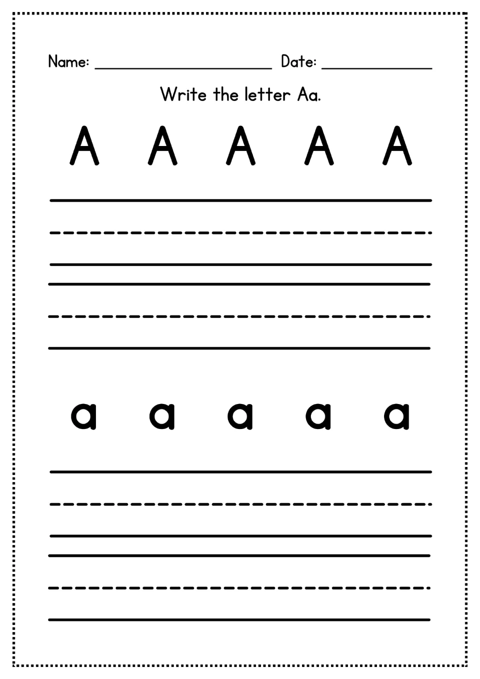 Letter Aa handwriting practice: students copy five model capital A's and five lowercase a's, starting the alphabet