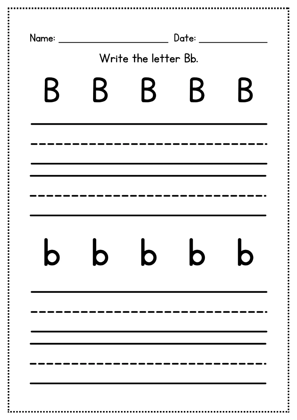 Letter Bb handwriting practice: students write capital B after five printed models, then repeat with lowercase b