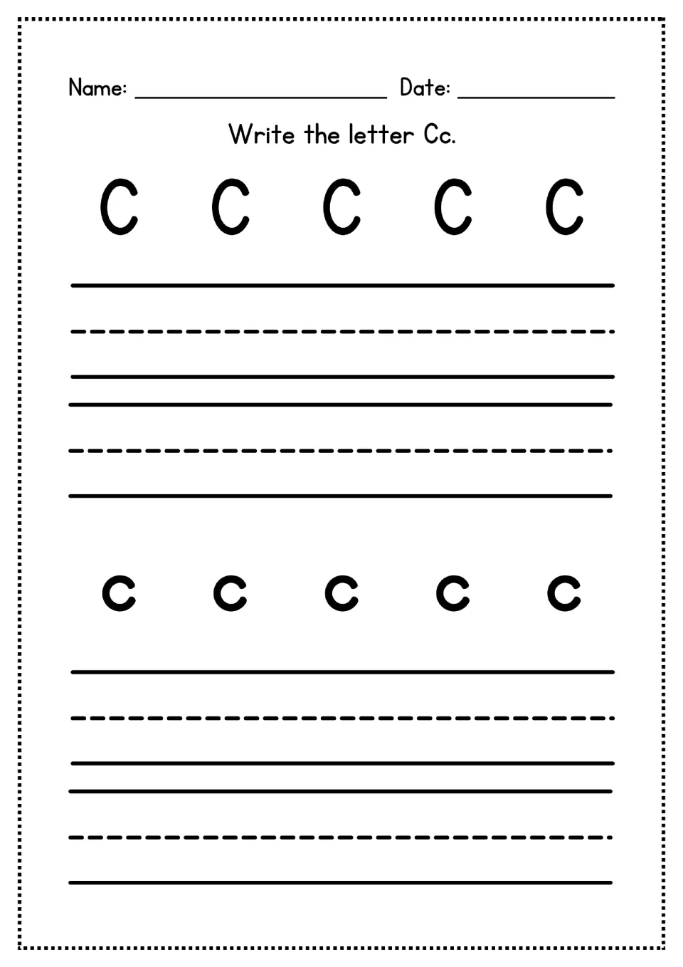 Letter Cc handwriting practice: students write capital C and lowercase c after five printed examples of each form