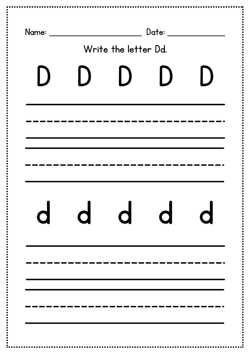 Letter Dd handwriting practice: students form uppercase D and lowercase d, copying five printed models of each letter