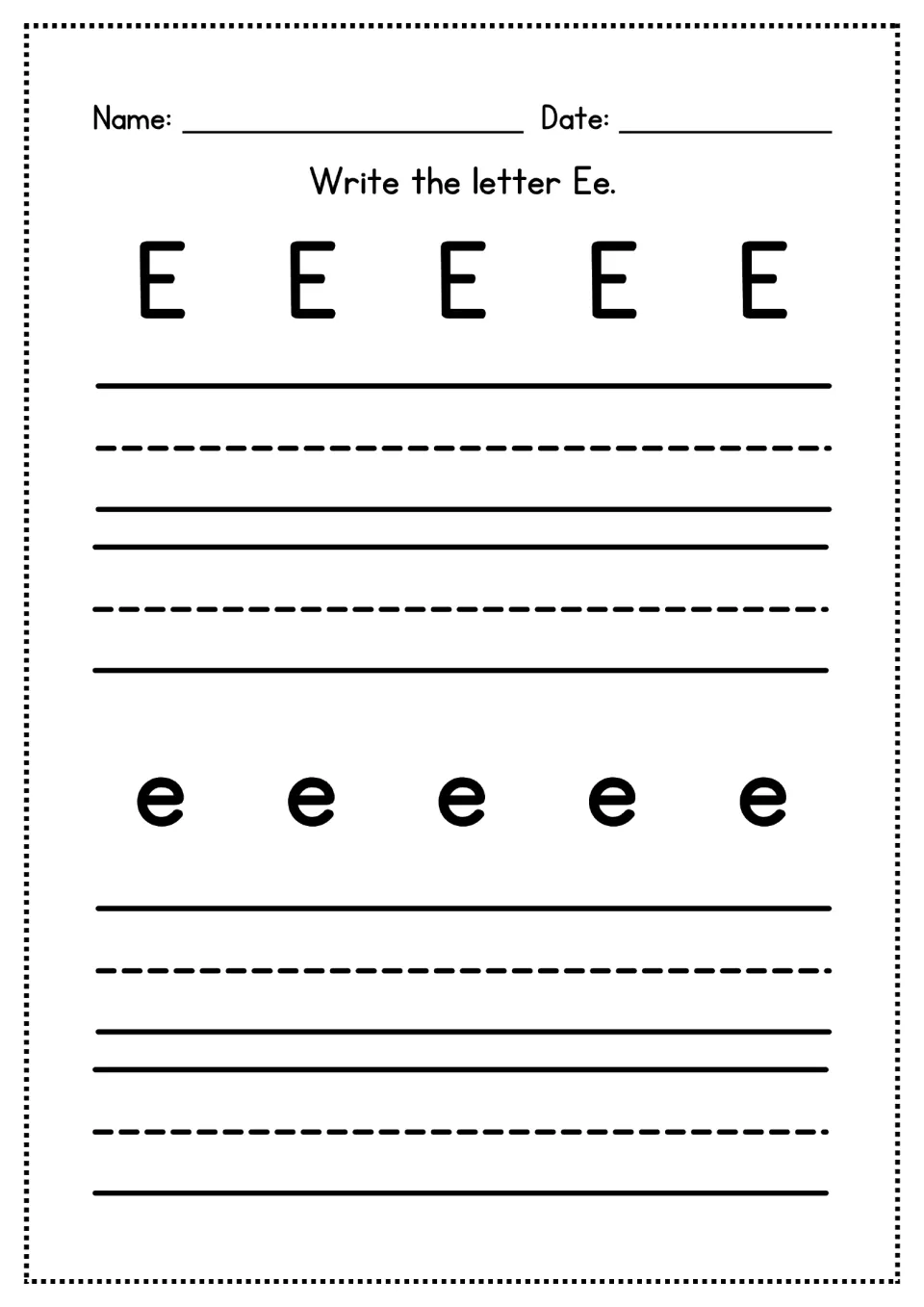 Letter Ee handwriting practice: children copy capital E and small e, working from five printed examples of each case