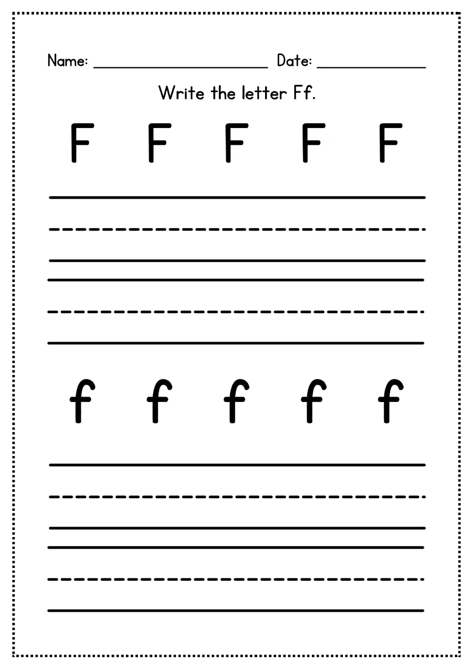 Letter Ff handwriting practice: students write uppercase F, then lowercase f, following five sample letters for each