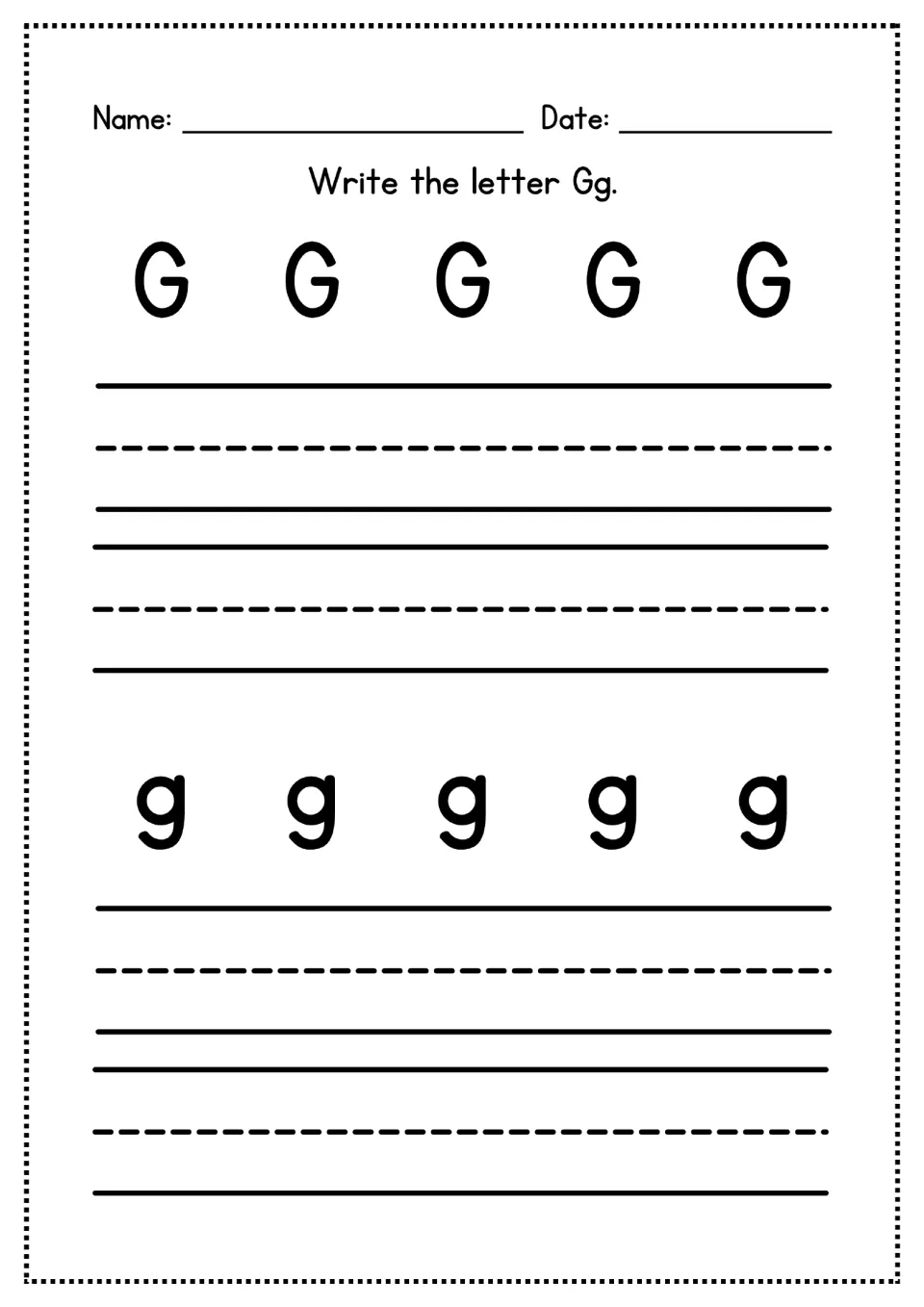 Letter Gg handwriting practice: learners copy capital G and the descending lowercase g from five model letters apiece