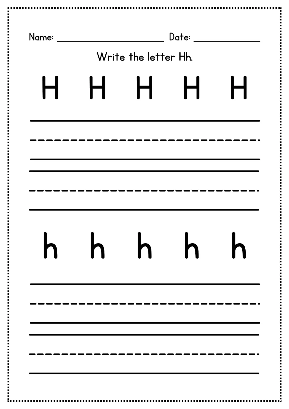 Letter Hh handwriting practice: students print capital H and lowercase h, using five examples of each as their guide