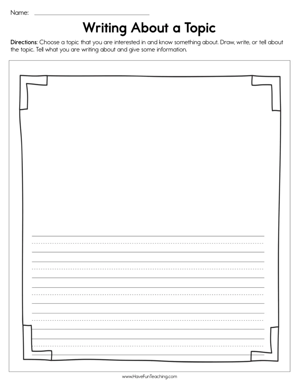 Topic writing worksheet: choose a familiar topic, then draw, write, or tell about it and give information.