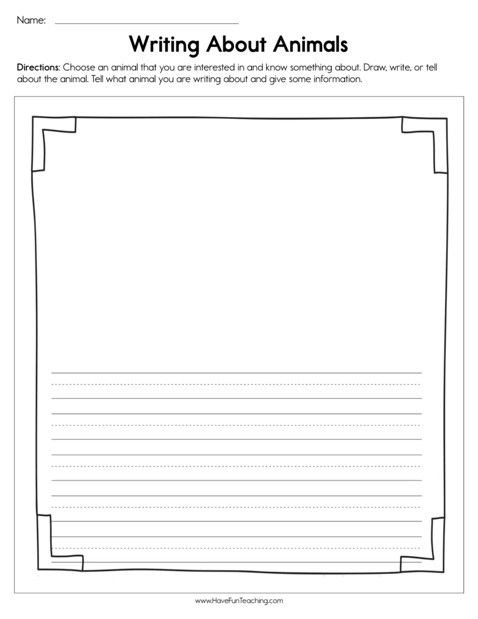 Animal writing worksheet asks students to choose an animal, draw, write, or tell about it, and give information.