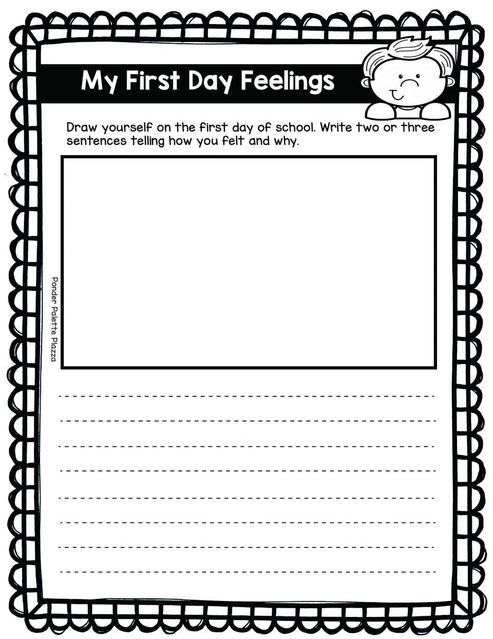 My First Day Feelings activity: draw yourself on the first day and write two or three sentences about feelings.