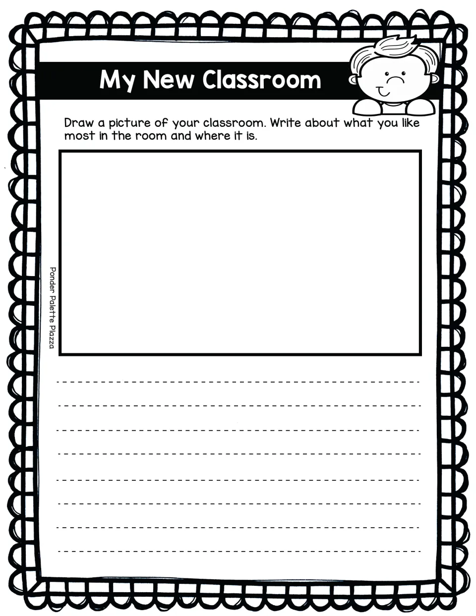 My New Classroom activity: draw your classroom and write about what you like most in the room and where it is.