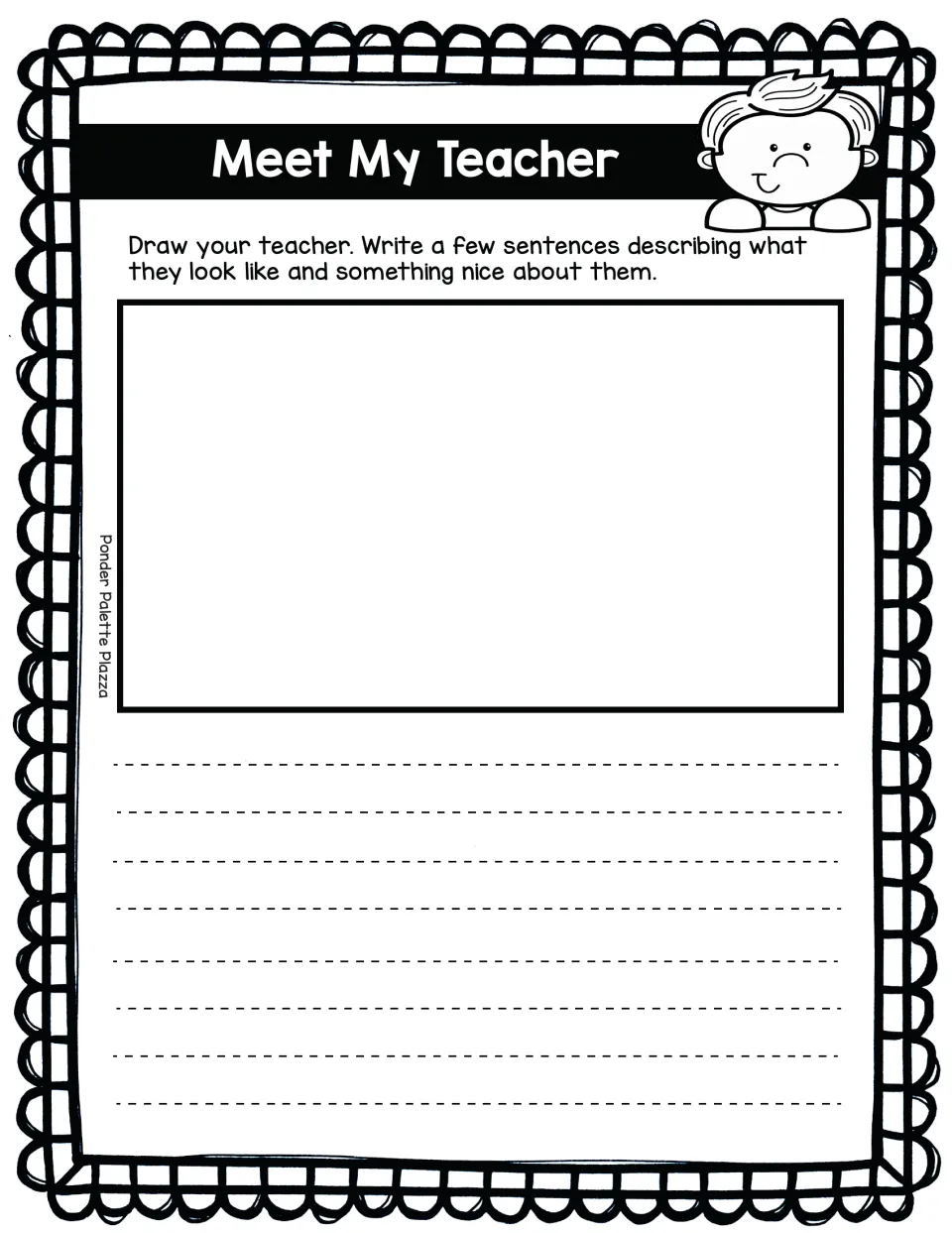 Meet My Teacher activity: draw your teacher and write about what they look like and something nice about them.