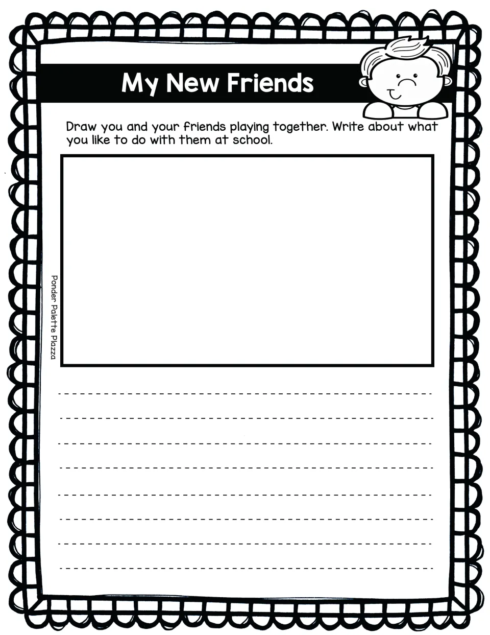 My New Friends activity: draw yourself playing with friends and write what you like to do with them at school.