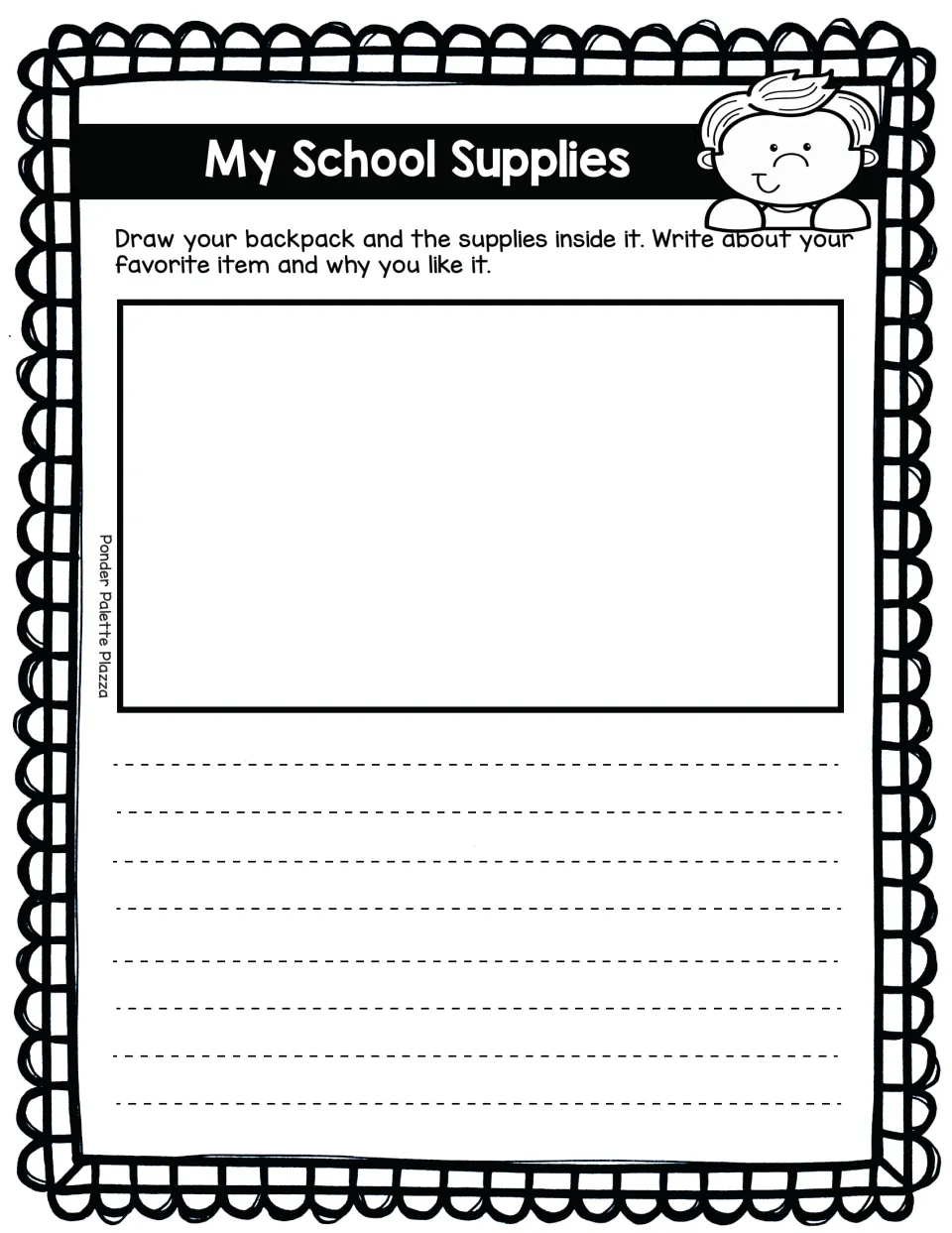 My School Supplies activity: draw your backpack and its supplies, then write about your favorite item and why.